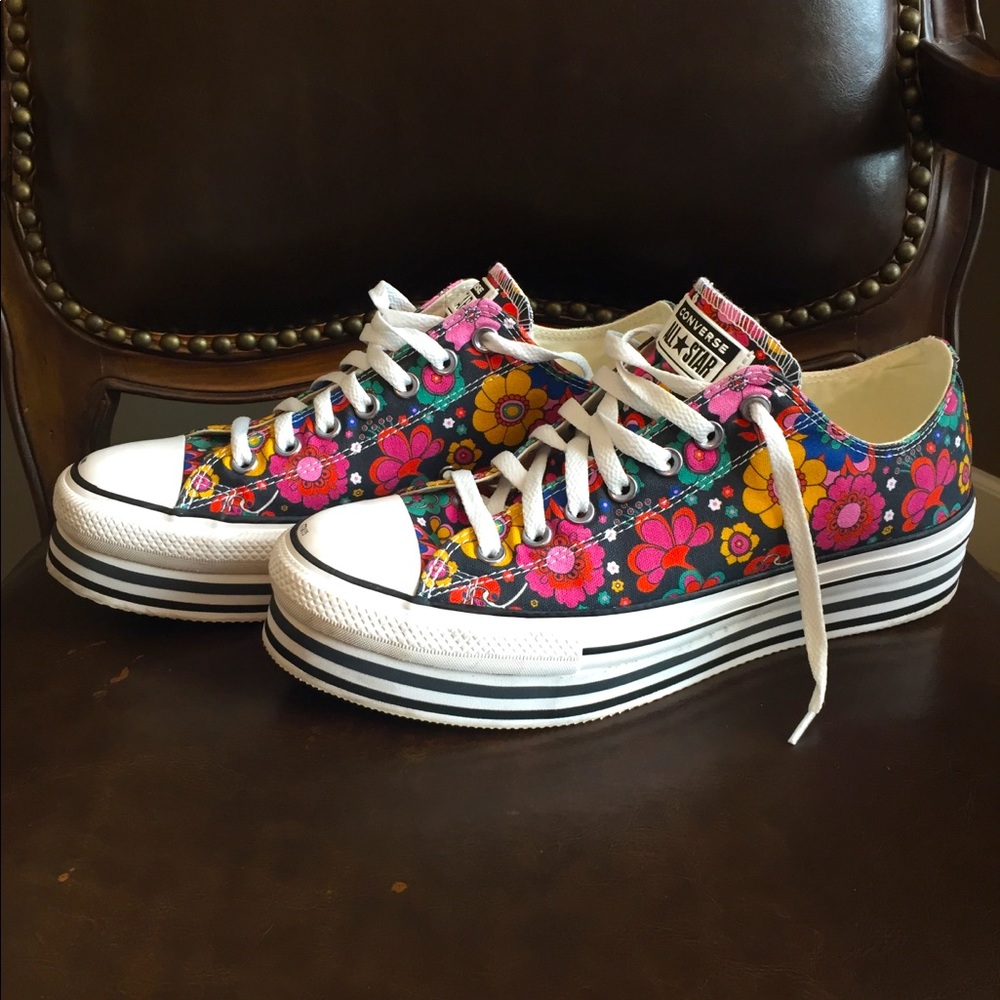Converse Low Top Floral Platform Sneakers - Black, Pink, Yellow, Blue